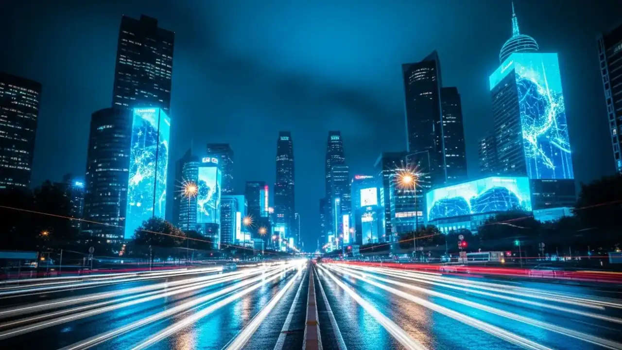 Dramatic cityscape with LED screens